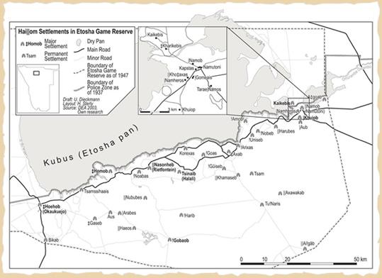 Hai||om Siedlungen im Etoscha Gebiet: Karte: Harald Sterly, 2003 aus "Born in Etosha"