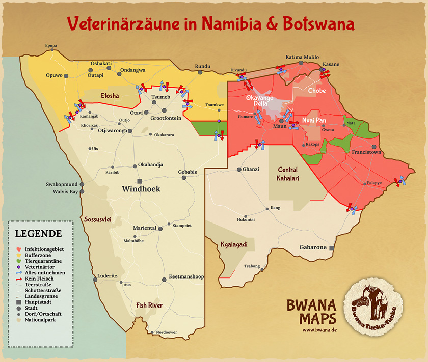 Veterinaerzaun Karte Namiba und Botswana